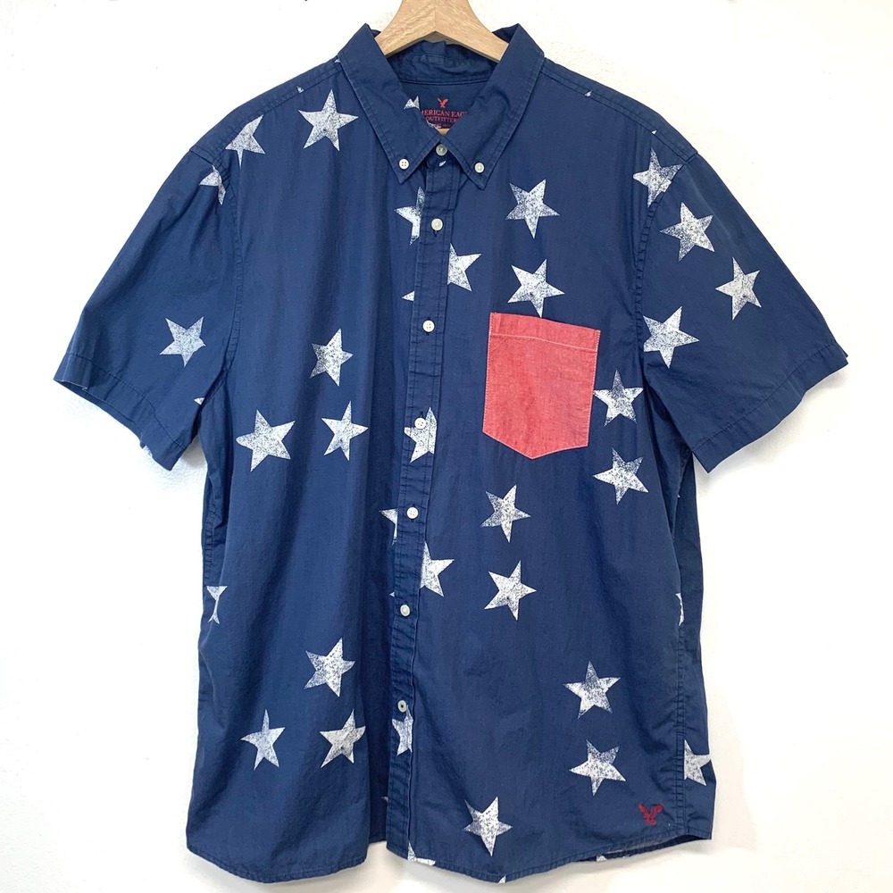 American Eagle Patriotic Stars Button Down Shirt Men 2X Slim Fit  Navy Blue  4th